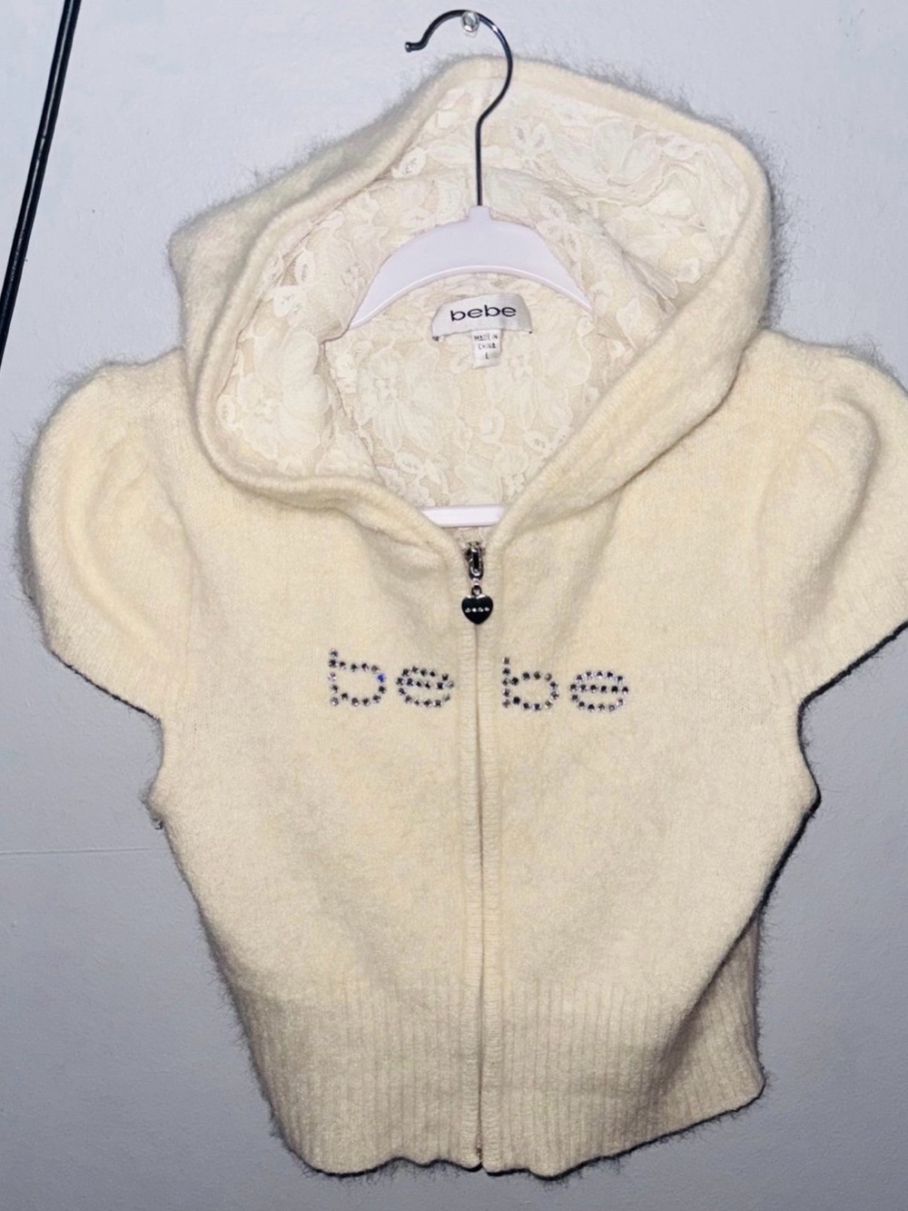 Y2K BEBE soft ANGORA vintage hooded lace sweater size L  cropped
